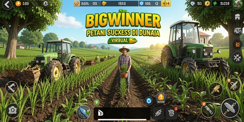 Tampilan gameplay BIGWINNER yang menggambarkan aktivitas bertani.