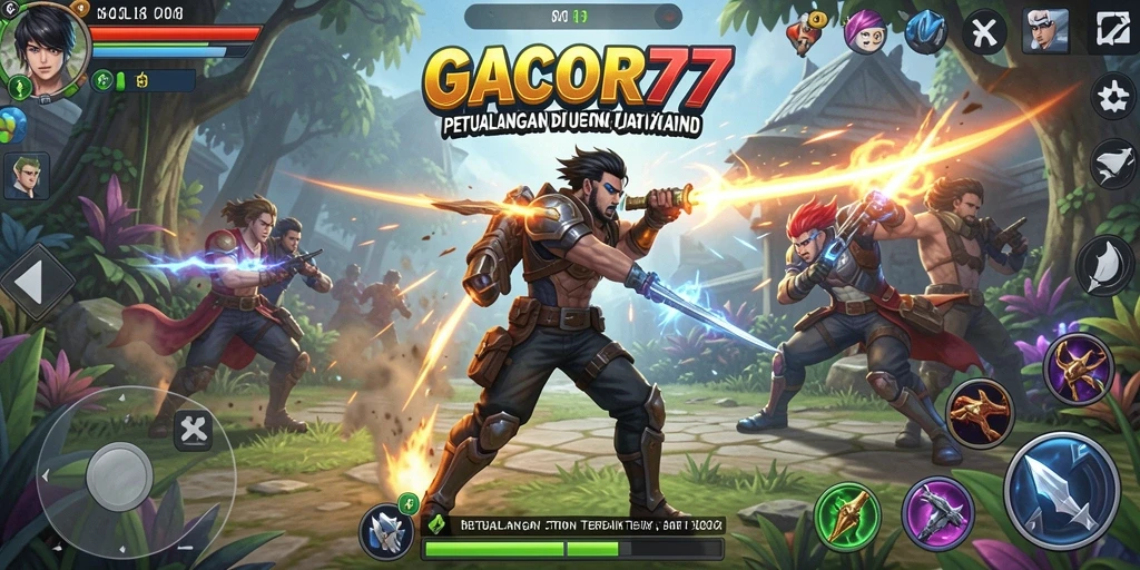 Screenshot GACOR77 menampilkan aksi seru pertempuran antara karakter utama dan musuh.