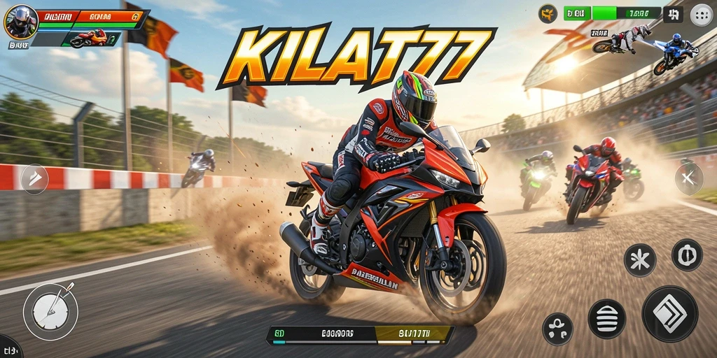 Tampilan gameplay KILAT77 dengan motor balap yang cepat dan trek menantang.