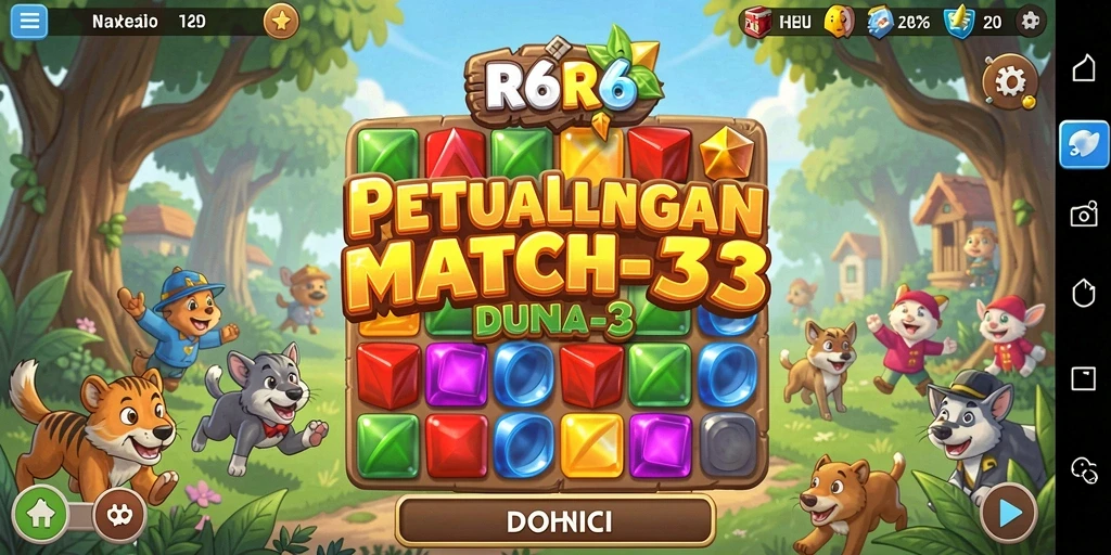 Gameplay R6R6 dengan elemen Match-3 yang penuh warna.