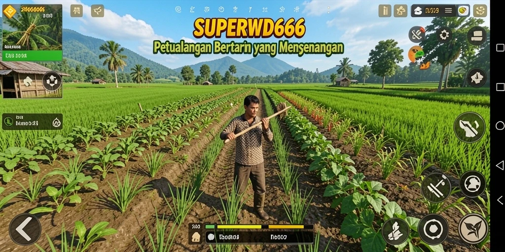 Tampilan gameplay SUPERWD666 dengan aktivitas pertanian yang menarik.