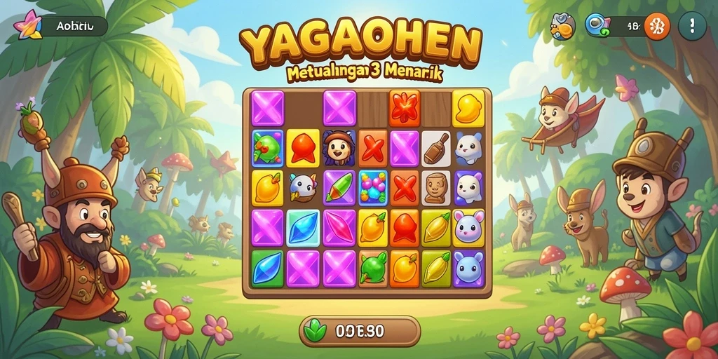 Screenshot gameplay YAGAOHEN dengan tampilan permata berwarna-warni.